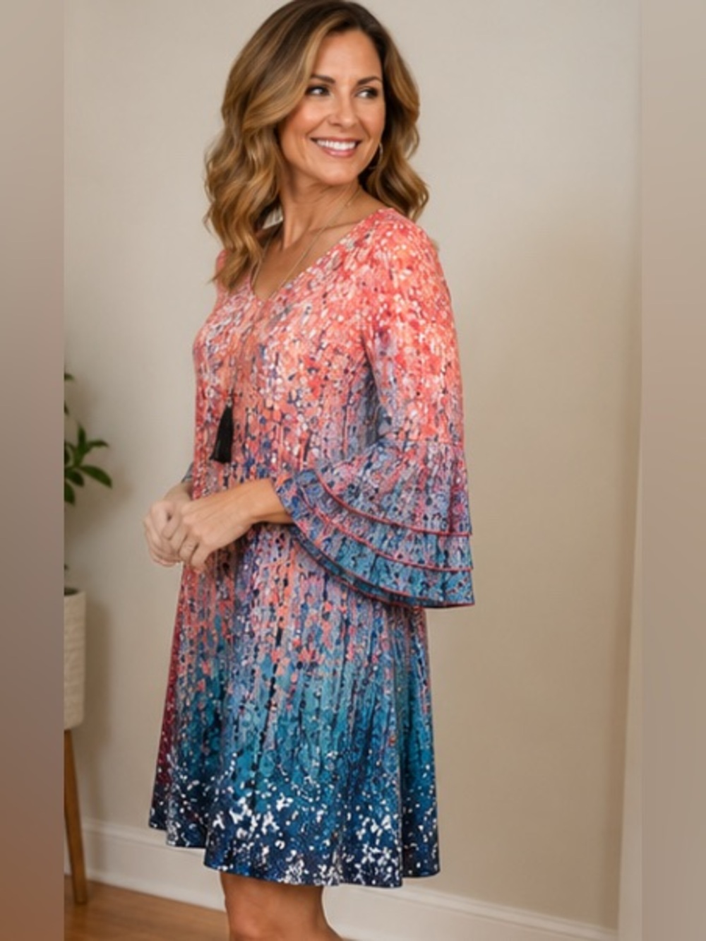 Ombre Bell Sleeve Dress V Neck Pink Teal Abstract Sz Large NWT